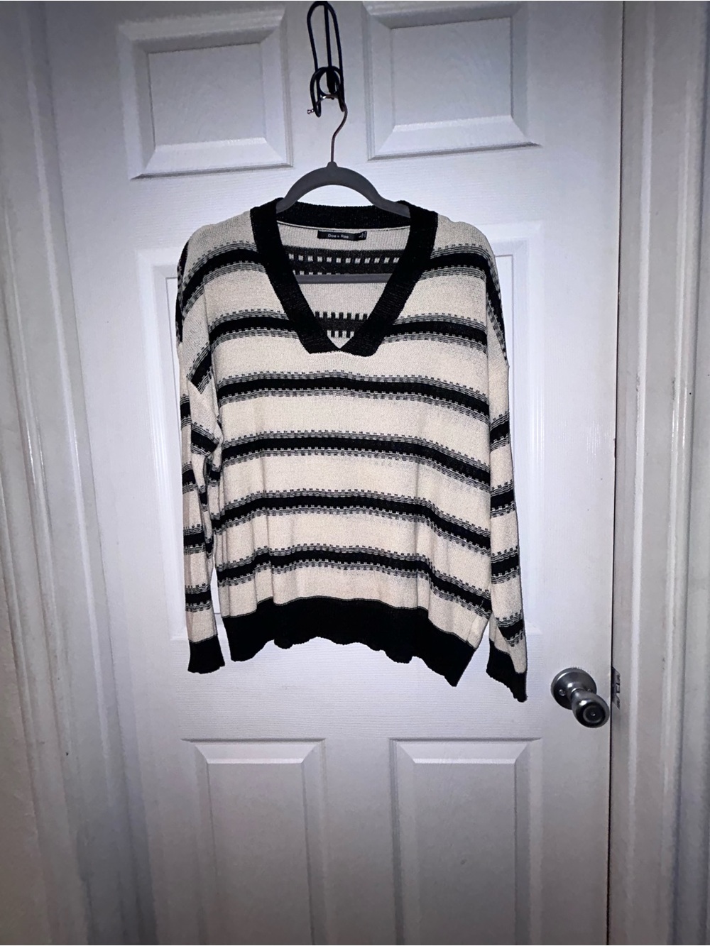 Doe & Rae Black and Cream Striped V-Neck Sweater